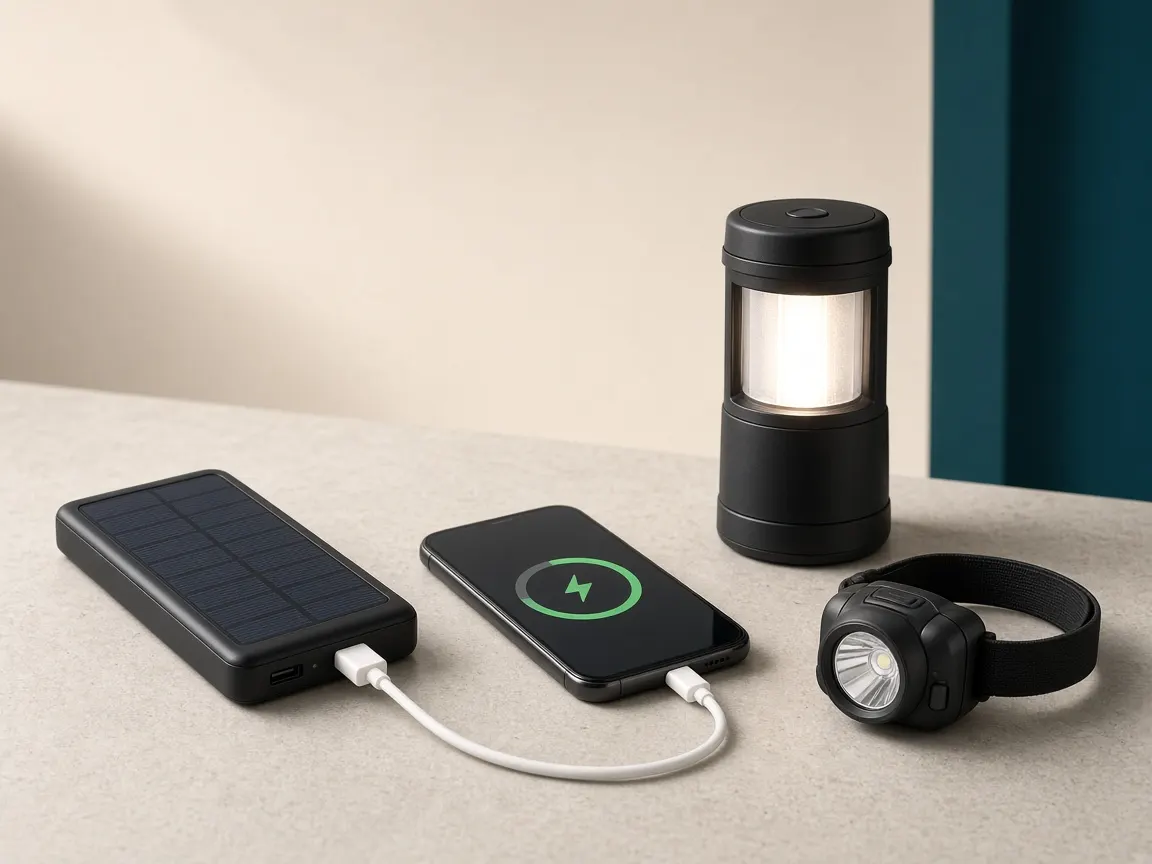 Solar power bank charging a phone next to a rechargeable LED lantern and head torch